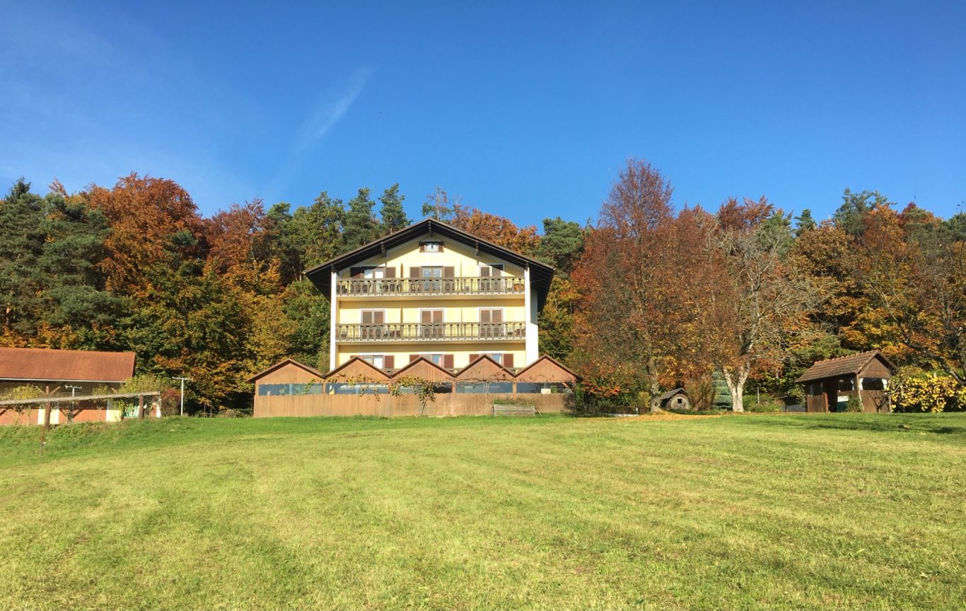 Ein großes Gebäude umgeben von bunten Bäumen und einem grünen Feld im Herbst.